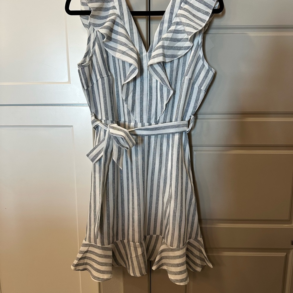 Striped Ruffle Dress - Gray and White